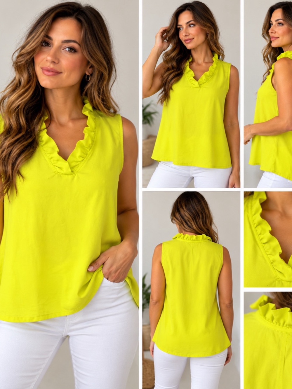 Crown & Ivy Women’s Lime Yellow Ruffle Neck Sleeveless Top Size L Tencel Lyocell